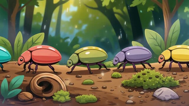 A line of colorful cartoon beetles, including red, green, purple, and yellow, walking on a forest floor with lush green foliage.