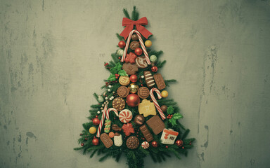 Festive christmas tree adorned with edible decorations and ornaments