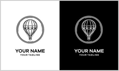 Classic hot air balloon graphic in a circular frame, displayed as a versatile logo template in contrasting monochrome styles.