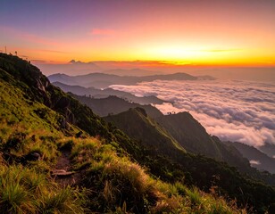 Scenic mountain range at dawn, with lush green slopes and a sea of clouds below the vibrant sky