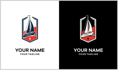 Nautical sailboat logo design with a red star emblem inside a hexagonal shield shape.