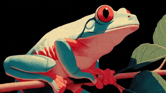 Colorful frog perched on a branch with large, bright red eyes