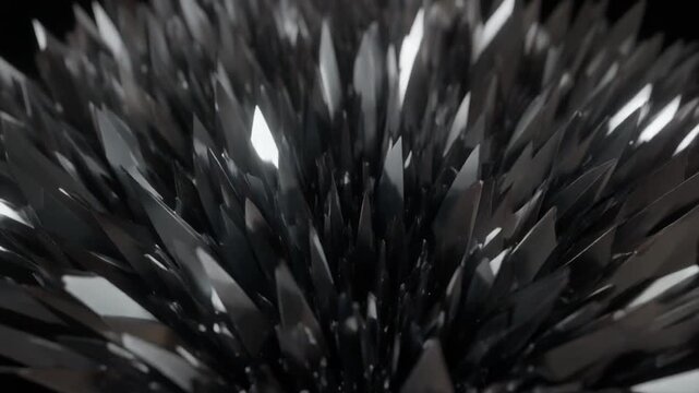 Close-up abstract image of sharp, metallic shards arranged in a circular pattern on a dark background with a blurred effect.