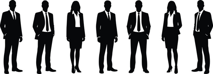 Collection of seven black silhouettes featuring confident business professionals and executives in formal suits and dresses, representing corporate power and diverse careers.
