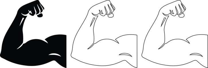 Strong arm with clenched fist showing biceps muscle strength power and fitness in black silhouette, white fill, and outline variations