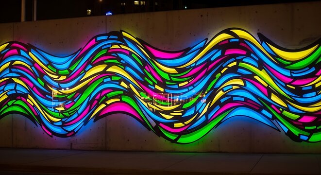 Vibrant multicolored wave light installation glowing at night. - Powered by Adobe
