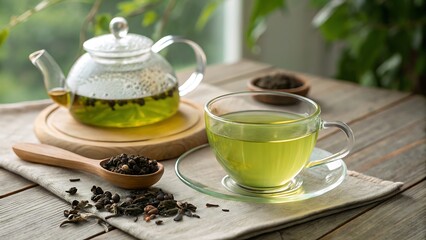 A clear glass teapot filled with freshly brewed green tea sits next to a matching cup on a wooden table, surrounded by loose tea leaves on a linen cloth