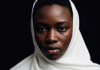 Portrait of a Young Woman in White Headscarf Against a Black Background And Gazing With a Intense Expression