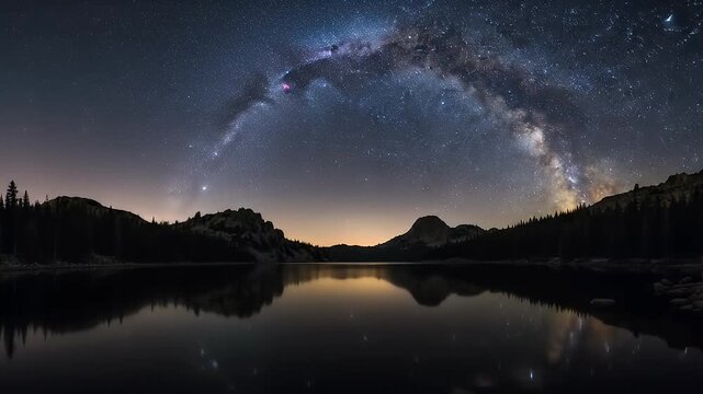 Milky Way arches above still lake bordered by trees and mountains at night