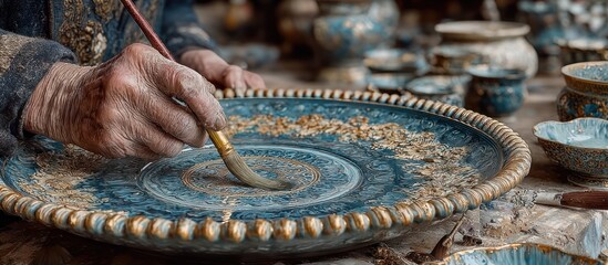 Hand decorating a ceramic plate with brush; pottery items in background