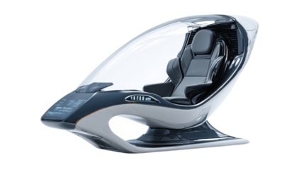 Futuristic autonomous transport pod design concept with transparent canopy and comfortable interior on a transparent background
