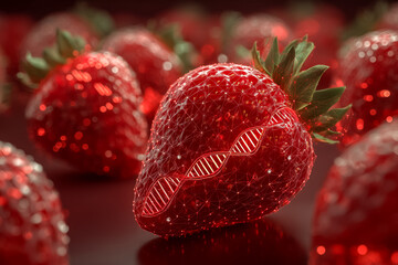Ripe strawberry and DNA helix. Genetically Modified Strawberries.