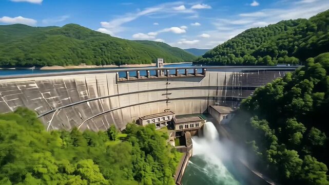 Concrete dam retaining lake water with overflowing water