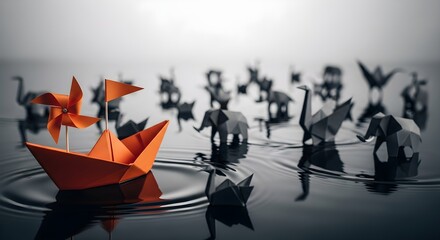 Paper Boat Sailing Away From Paper Animal Herd in Gentle Waves on Reflective Water