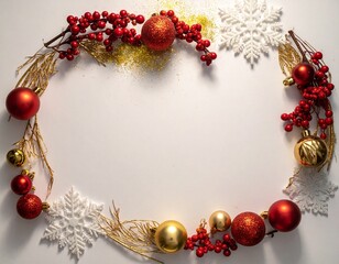 Elegant festive christmas frame with shimmering red and gold baubles, winter berries, and delicate white snowflakes on a clean background