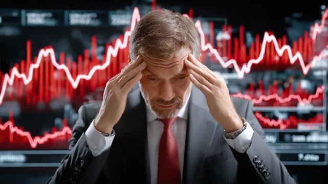 Financial Strain and Data Analysis: A business person, grappling with the weight of financial data, places a hand on the head, possibly in concern or stress. The data, in a sea of red lines.