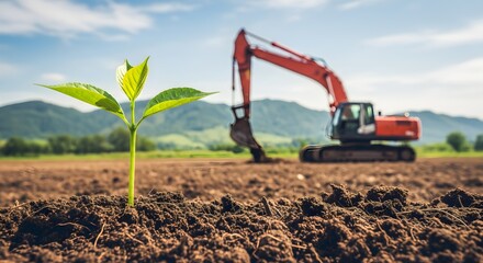 A Sprout Growing in Fertile Land With a Construction Excavator in the Background