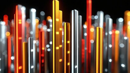 Illuminated Metallic Cityscape: A vibrant, dynamic composition of metallic pillars, aglow with a spectrum of warm light, evocative of a bustling metropolis at night, with an enigmatic flair.