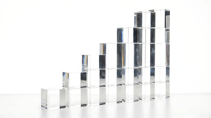 Transparent glass blocks stacked in an ascending staircase pattern on a white background, symbolizing growth or progress.