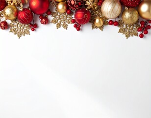 Elegant red and gold Christmas ornaments forming a festive border on a pristine white background, perfect for holiday greetings and seasonal designs