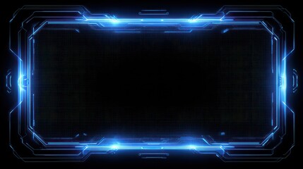 Futuristic Digital Interface Display With Blue Neon Lights And Data Matrix On Black Background