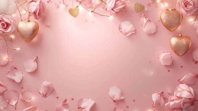 "Luxury Valentine background with soft pink&ndash;gold tones, elegant heart ornaments, glowing romantic lights, delicate rose petals, smooth gradients, and a clean empty space for text. Premium, unique, cla