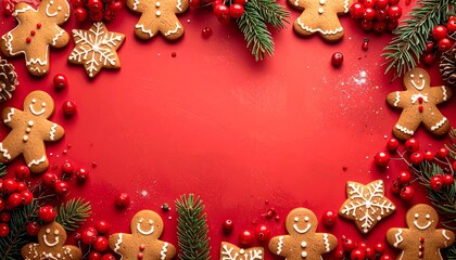 Christmas holiday background. Red festive frame with gingerbread men, candy canes, and evergreen branches. Christmas decorations and sweets. Holiday season template. Vector illustration for