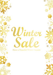 金色の雪の結晶フレームとWinter Sale文字の冬セール背景 | ベクター素材 縦 カード コピースペース 