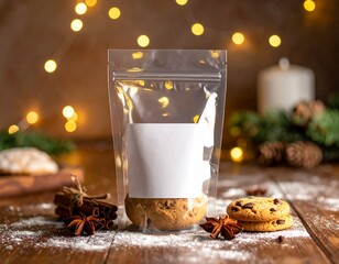 Clear stand-up pouch with homemade cookies and a blank label, ideal for festive gifting or artisanal food packaging, set on a rustic wooden table with warm holiday decorations