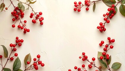 Christmas holly border. Red berries and green leaves. White background. Seamless pattern. Vector illustration for holiday greeting card, background, website and social media banner.