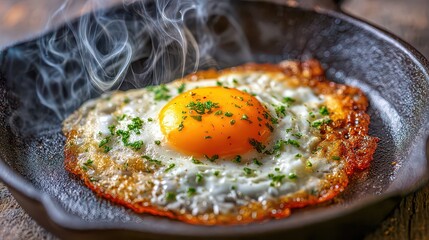 Perfectly Fried Egg Cooking in Cast Iron Skillet with Fresh Parsley Garnish and Steam Rising Up
