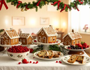 Festive homemade gingerbread houses, adorned with white icing and surrounded by fresh berries and traditional fruit cake, create a warm holiday centerpiece