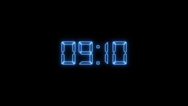 Digital countup clock timer in zero second to 10 minute.  text number on isolated black background. Element for overlay concept. 10 minute countdown timer with black