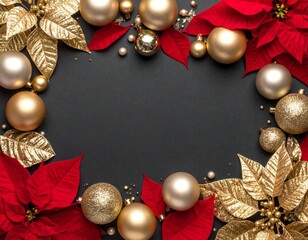 Festive Christmas Border with Golden Ornaments and Red Poinsettias on a Dark Background