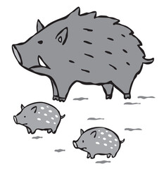 野生のイノシシの親子　猪　ウリ坊