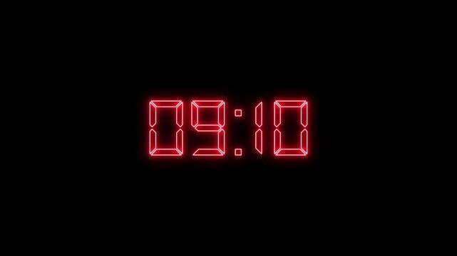 Digital countup clock timer in zero second to 10 minute.  text number on isolated black background. Element for overlay concept. 10 minute countdown timer with black