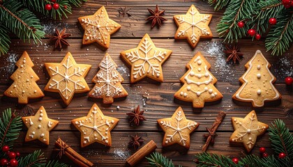 Festive Christmas Star and Tree Shaped Cookies Decorated with Icing on Wooden Background