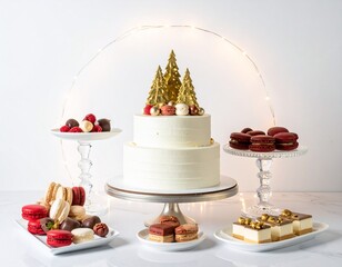Luxurious holiday dessert table showcasing a beautifully decorated Christmas cake, an assortment of macarons, and sweet treats perfect for special occasions