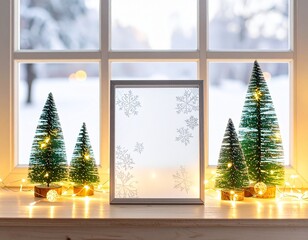 Festive winter windowsill display blank frame with snowflakes, glowing mini trees, and twinkling lights. Ideal for personalized holiday greetings or custom seasonal messages