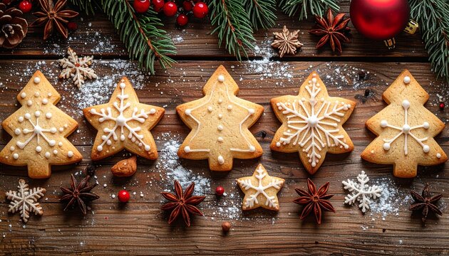 Festive christmas gingerbread cookies decorated with icing in the shape of trees and snowflakes on a wooden background, with festive adornments