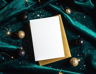 Festive holiday greeting card mockup with golden envelope and shimmering ornaments on a dark green velvet background, perfect for Christmas and New Year promotions