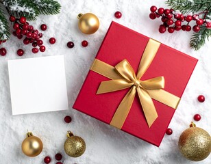 Festive Red Gift Box Tied with Golden Ribbon, Surrounded by Christmas Ornaments and Holly Berries on White Snow