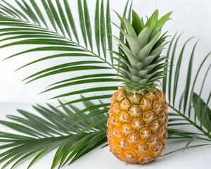 Fresh pineapple and tropical palm leaves on a bright white marble background