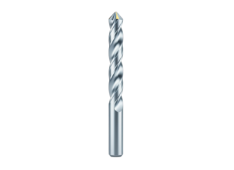 Silver metal drill bit with four cutting edges and helical flutes isolated on a black background with a transparent background effect and studio lighting