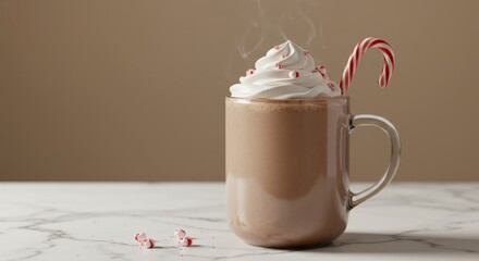 A steaming  mug of a hot beverage sits on a floor, snowy winter day