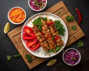 Delicious grilled meat skewers with fresh vegetables and colorful side dishes on wood