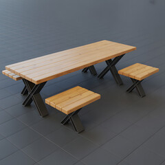 Wooden Table and Stools: A modern, minimalist outdoor ensemble featuring a long wooden table and two matching stools.