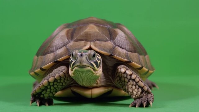 Close-up of a turtle facing forward with a green background and its legs outstretched.