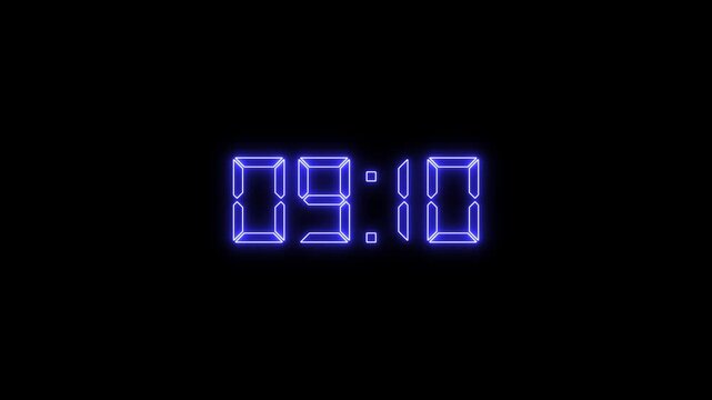 Digital countup clock timer in zero second to 10 minute.  text number on isolated black background. Element for overlay concept. 10 minute countdown timer with black