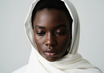 Portrait of a Young Woman in White Headscarf Against a White Background And Gazing With a Thoughtful Expression